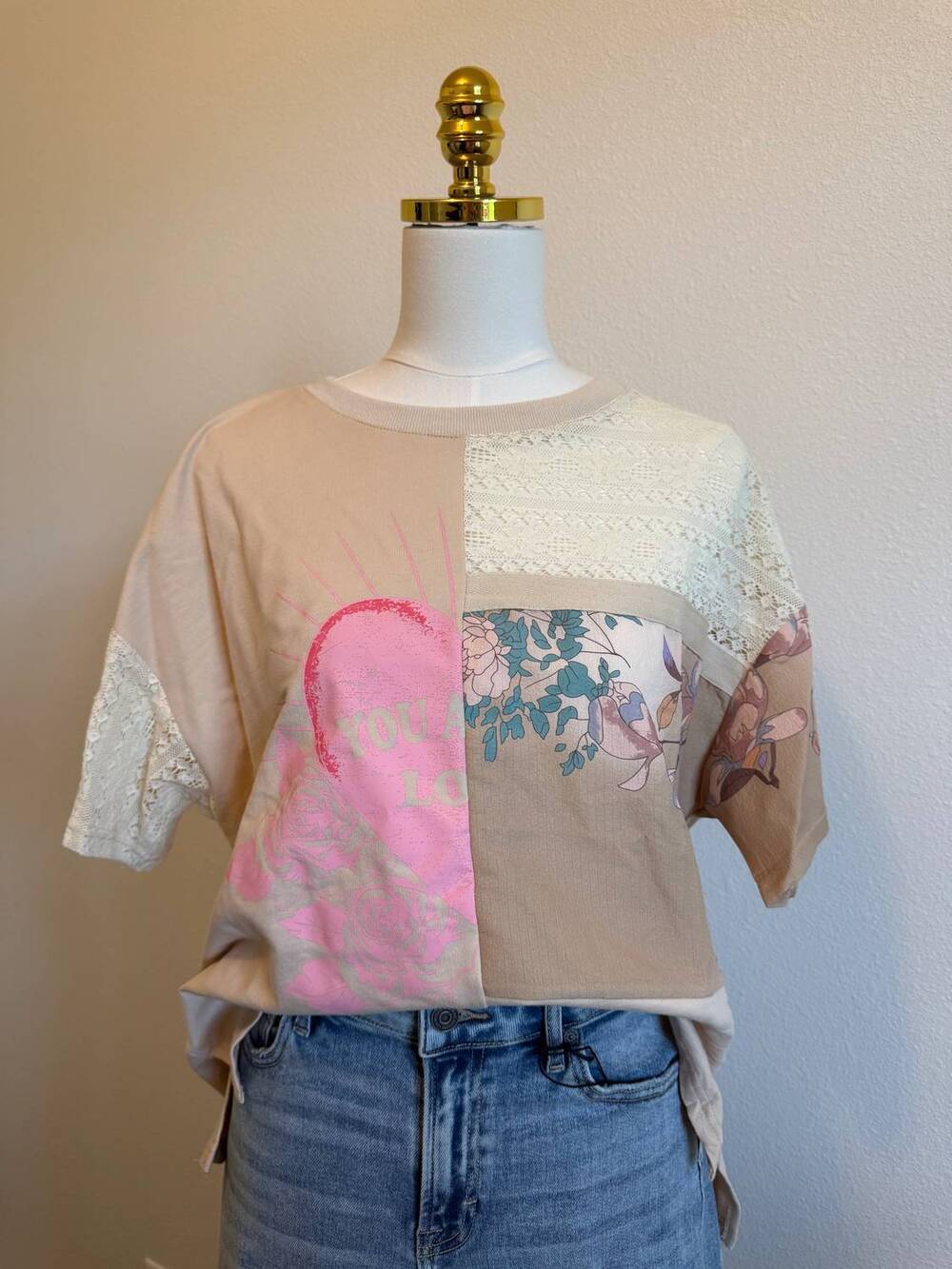 NEW DAVI & DANI women's patchwork lace tee in beige